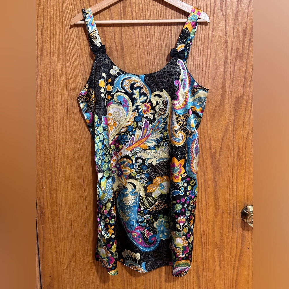 Sante Classics Black Floral  slip‎ dress w/black bows Size Medium